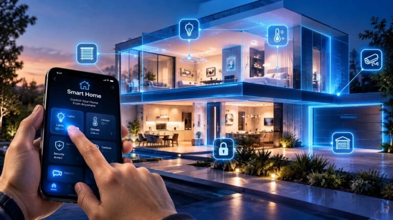 Smart home controlled from a smartphone app – lighting, climate, security cameras and door lock